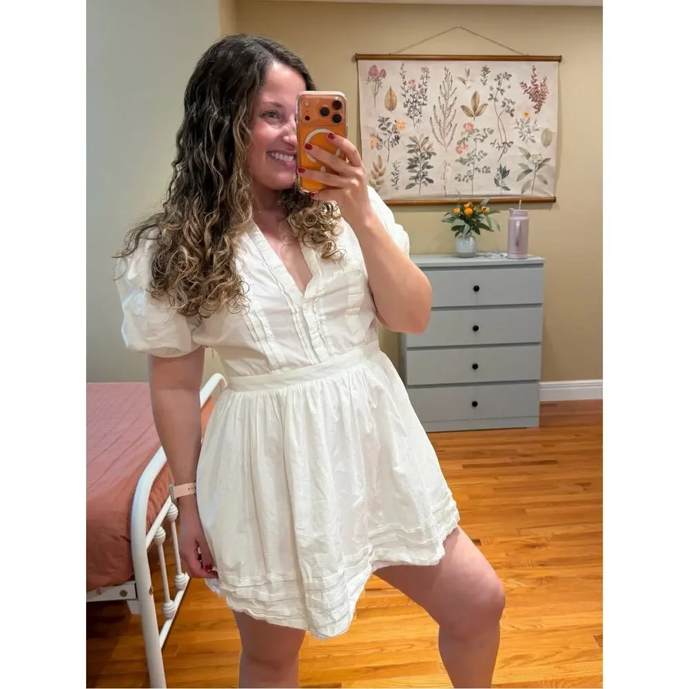 Tuckernuck English Factory Cotton White Puff-Sleeve V-Neck Mini Dress Medium